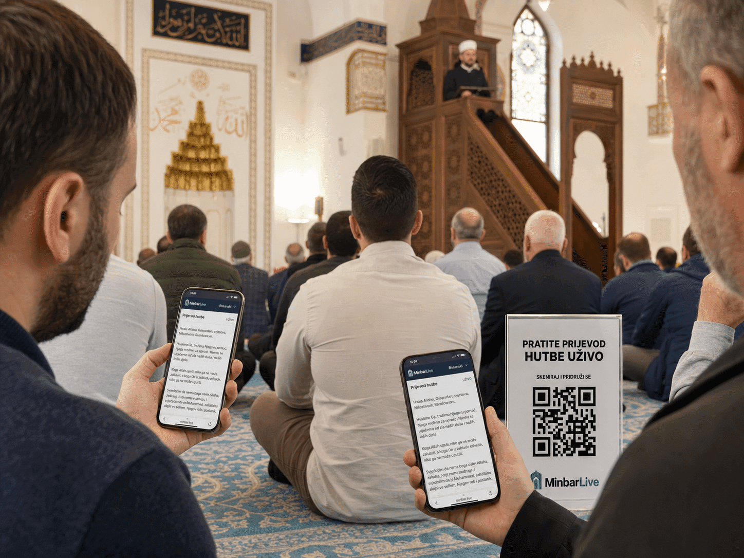 Džematlije u džamiji prate live prijevod hutbe putem mobitela koristeći MinbarLive QR kod
