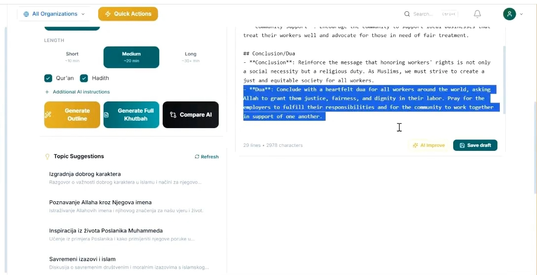 AI KhutbaAssistant editor with length controls, Qur'an and Hadith options, generation buttons, highlighted text, and AI improve action.