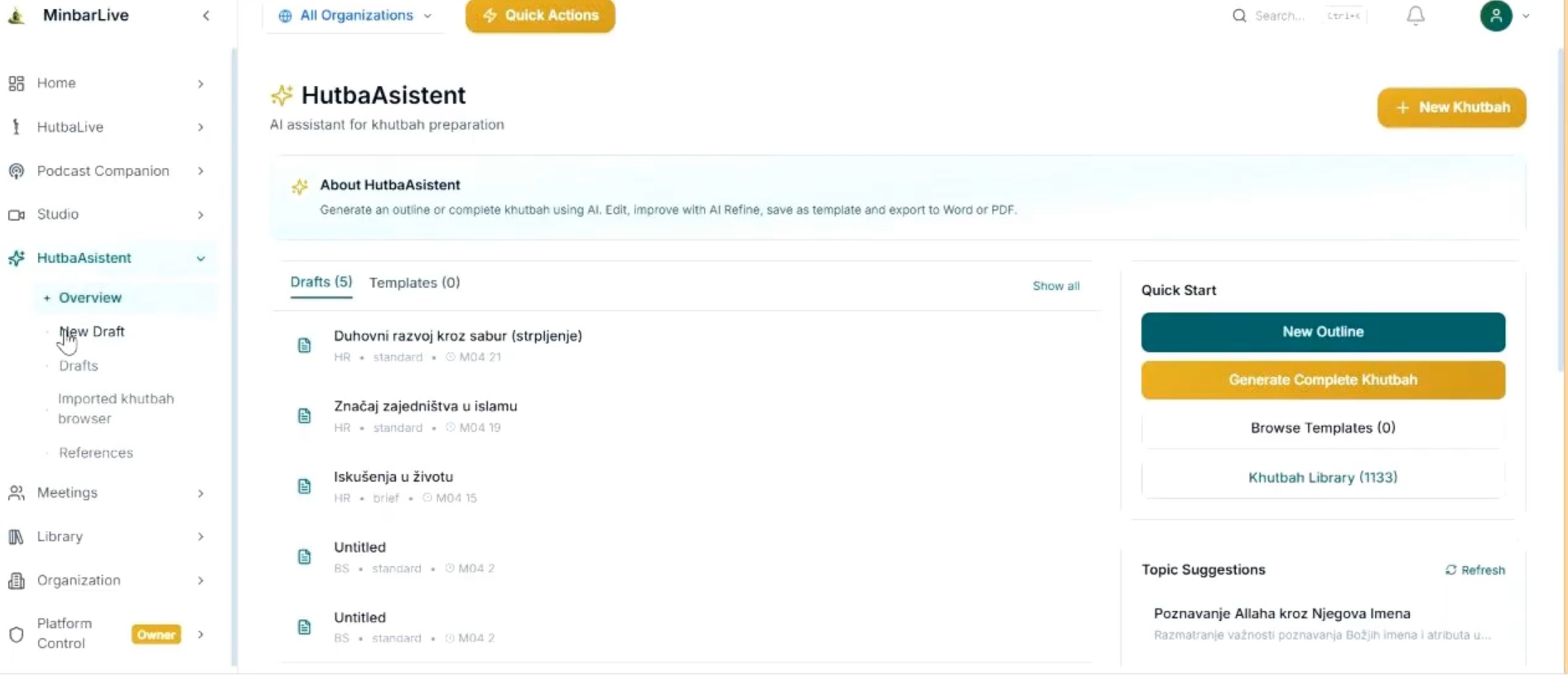 AI KhutbaAssistant overview screen with drafts, templates, quick start buttons, topic suggestions, and khutbah library access.