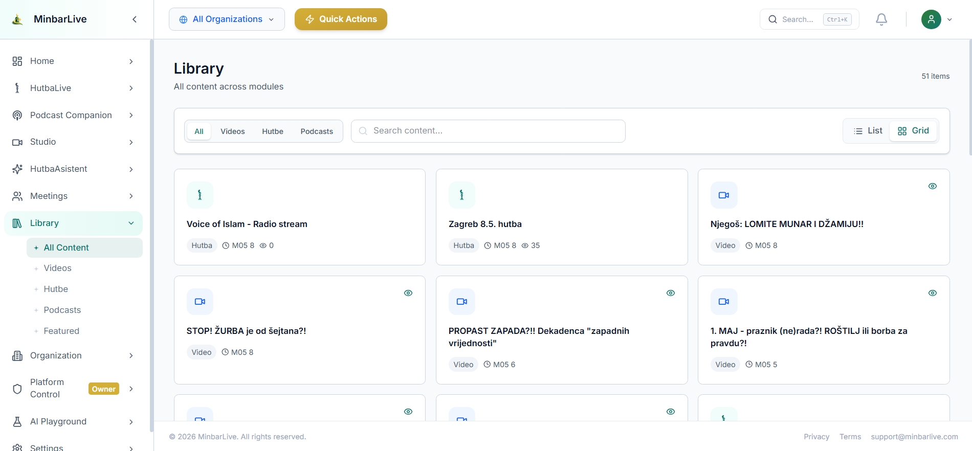 Archive library in grid view with filters, search, and mixed content cards.