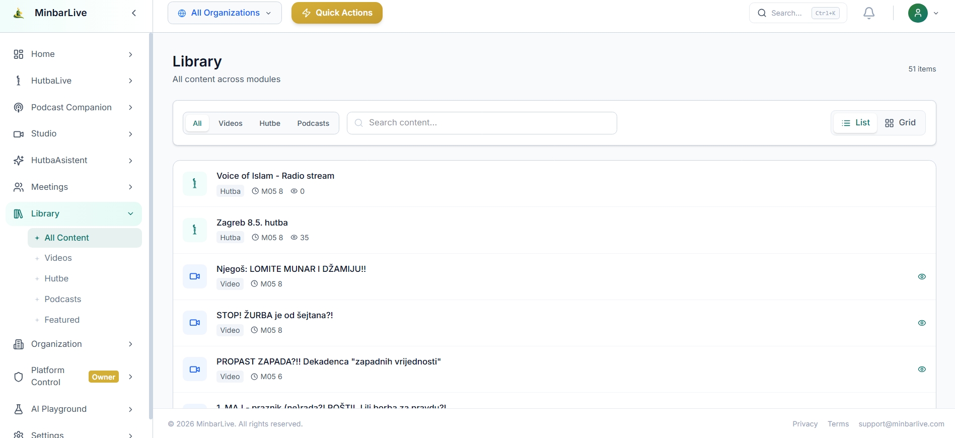 Archive library in list view with content rows, search, filters, and list toggle.