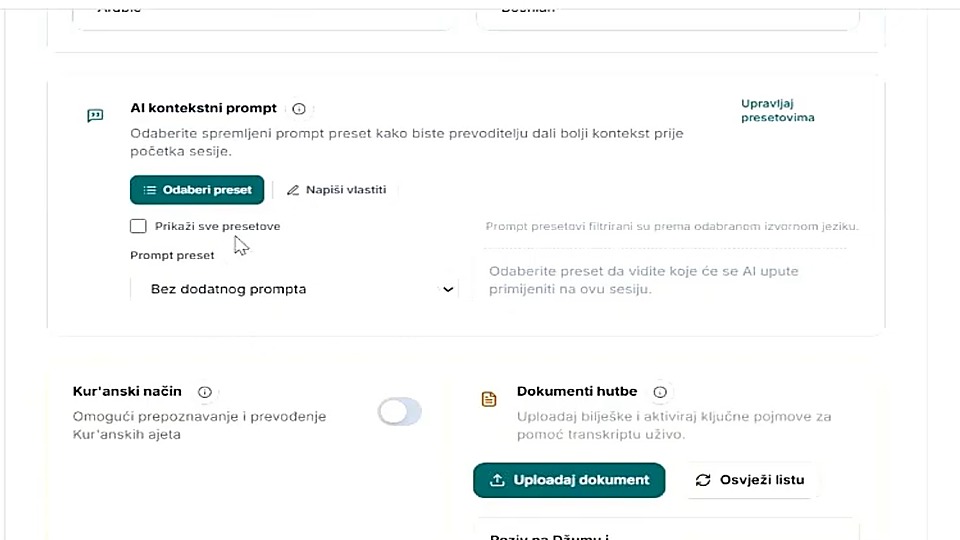 HutbaLive configuration panel with AI contextual prompts, Quran mode, and khutbah document upload controls.