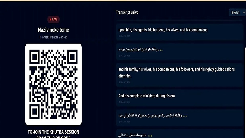 HutbaLive public session page with QR code, live transcript cards, and language selector for congregation access.