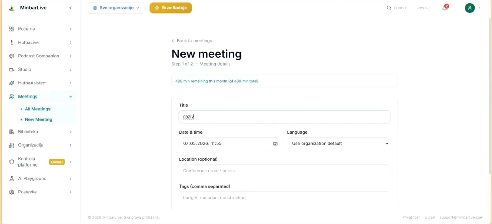 Meetings module create screen with title, date and time, language, location, and tags fields.