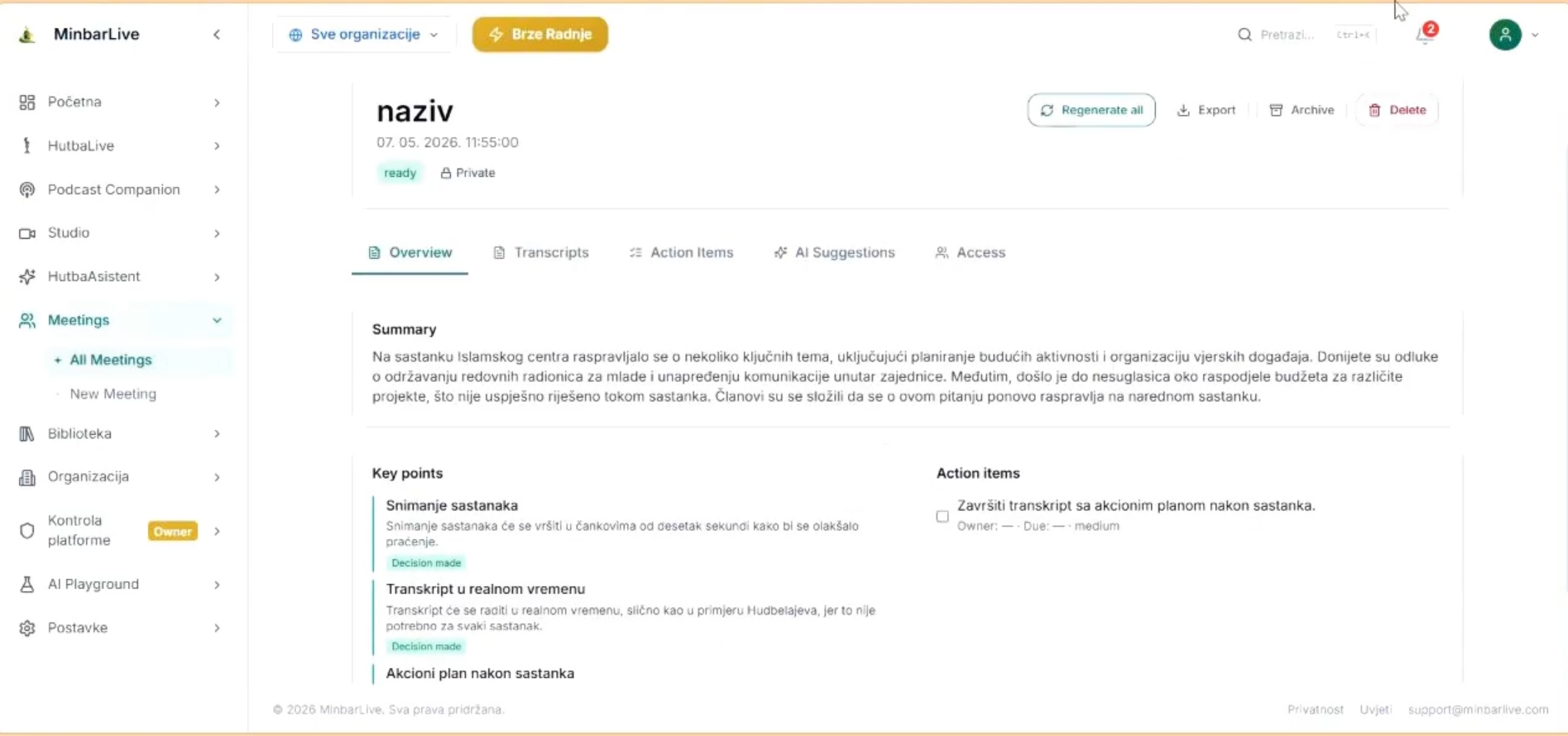 Meetings module overview tab with summary, key points, action items, export, archive, and access tabs.