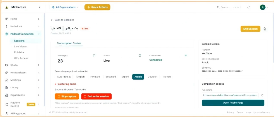 Podcast Companion live session screen with transcription controls, language options, session details, and public page access.